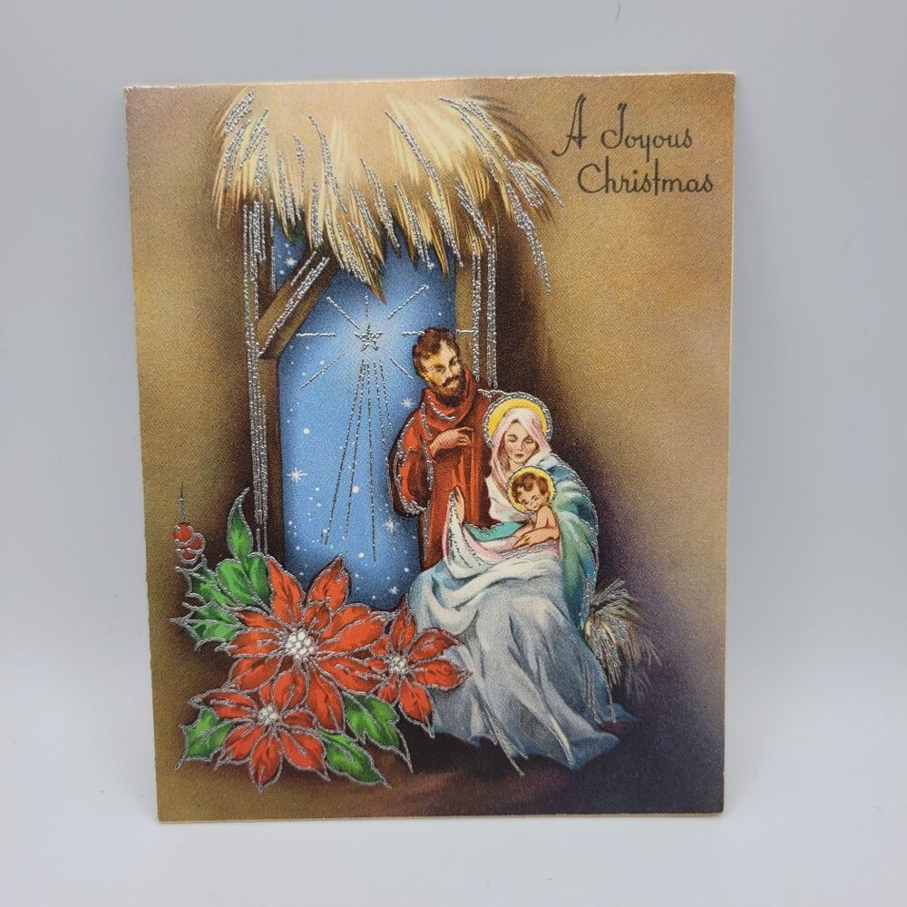 Vintage "A Joyous Christmas" Greeting Card Nativity‎ Holy Family
